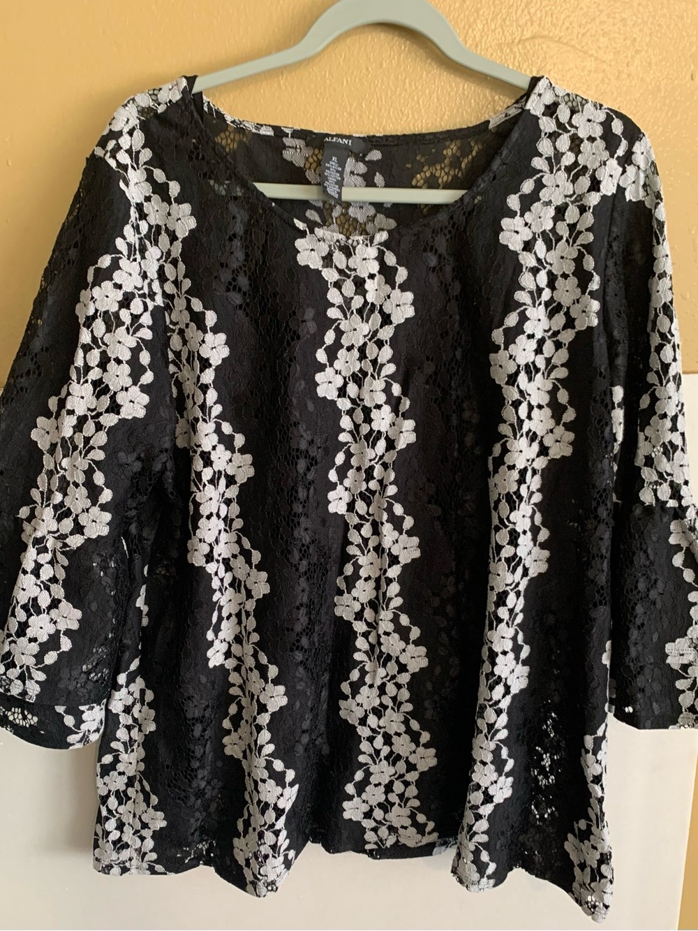 Alfani Black Lace Top with White Floral Lace Stripes